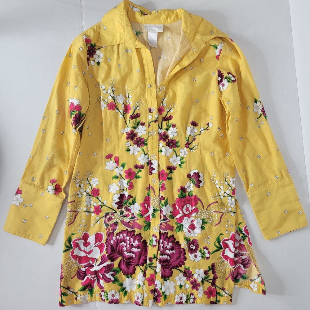 Soft Surroundings Yellow Floral Tunic Button Front Top Sz Small